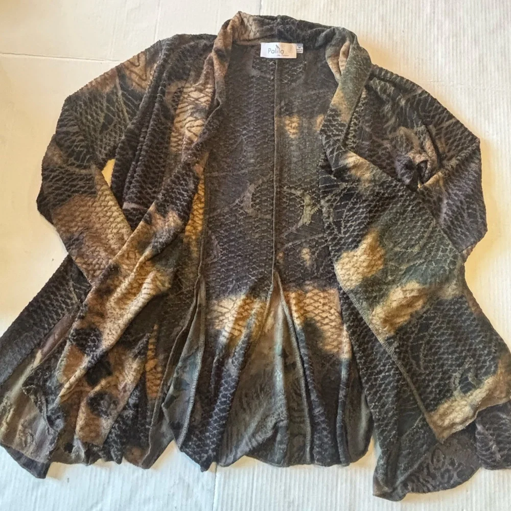 Palila Sheer Snake Print Waterfall Cardigan Brown Beige Drape Open Front M Boho